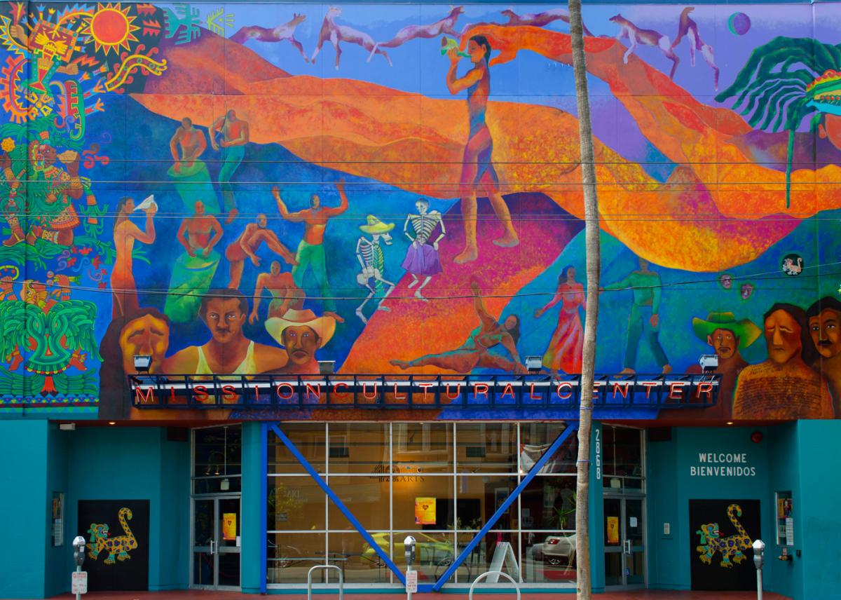 Facade of building with bright color mural. 