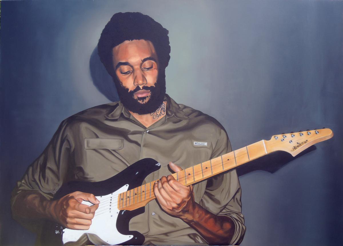 A painted portrait of poet Tongo Eisen-Martin playing a guitar.