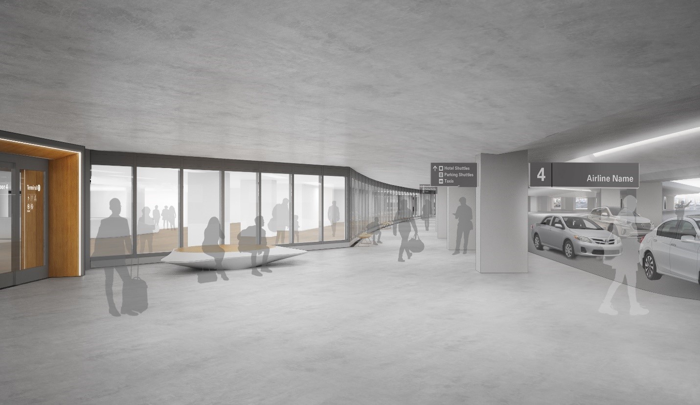 Rendering of downstairs airport terminal, seating, directional signage, cars