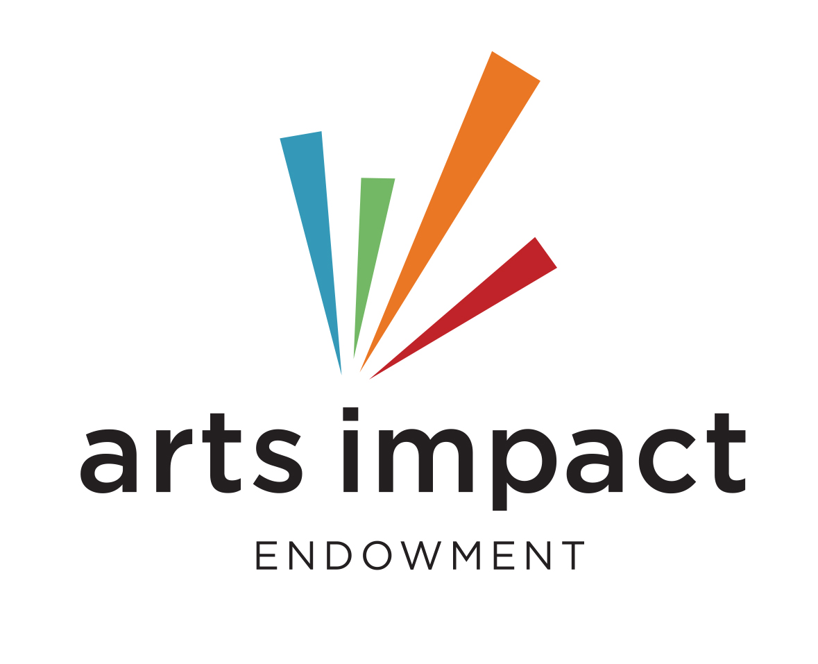 Art Impact Endowment logo has blue, green, orange and red stripes shooting upwards and the words arts impact endowment in lower case black letters underneath.