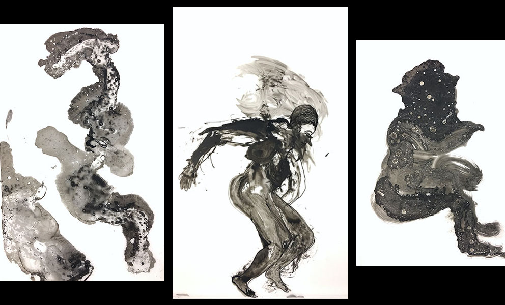 three abstracted drawings made with black india ink