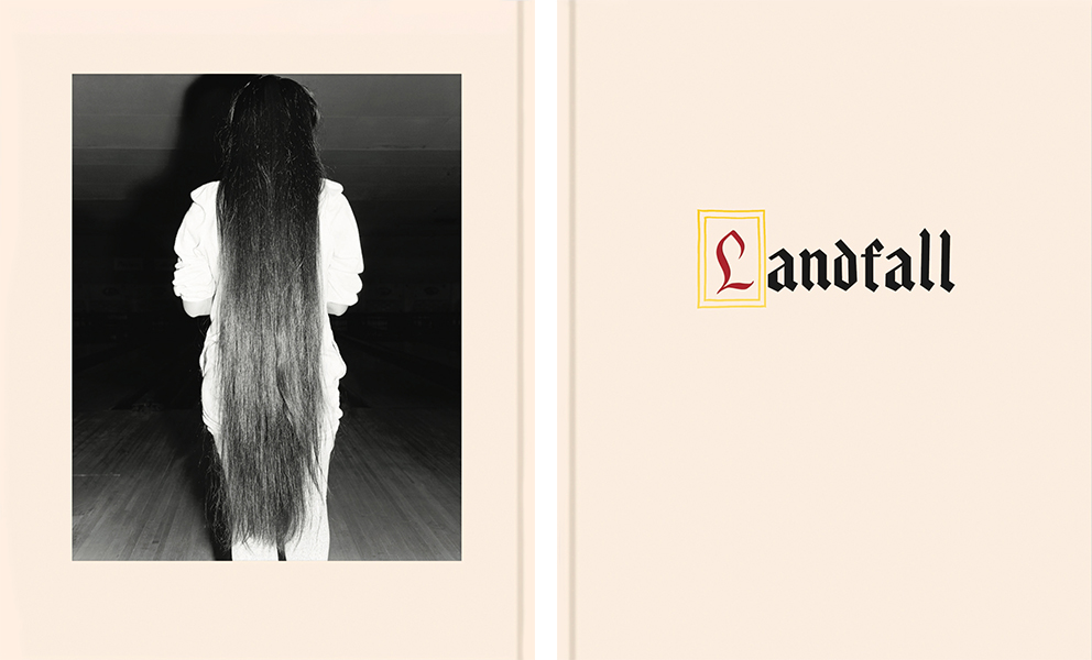 image of photo book called Landfall with back cover image of the back of a girl with knee length hair