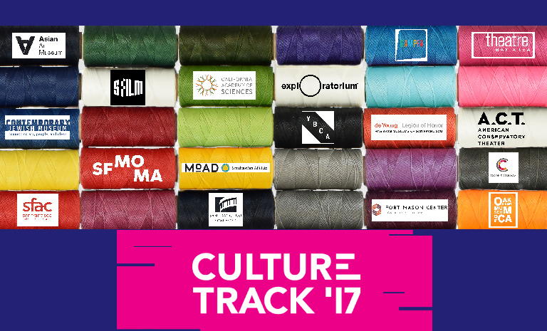 Colorgul spools of yarn featuring logos for Bay Area non-profit arts orgs and the title Culture Track '17 on a pink background. 