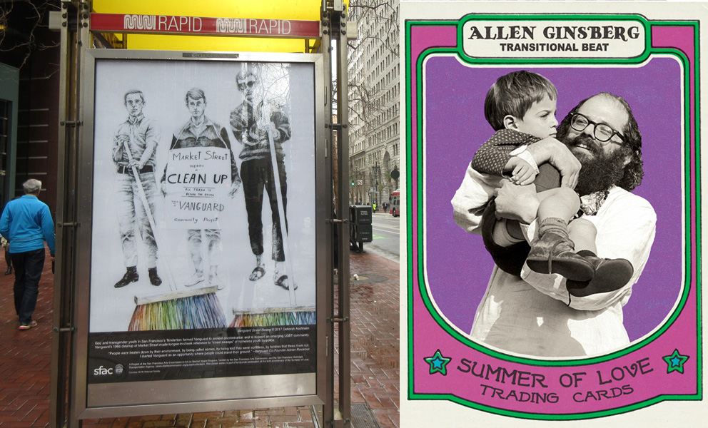 Two images: Market St. poster depicting protesters in an actual bus kiosk and a close up of a Market St. Poster "trading card" with Allen Ginsburg holding a child