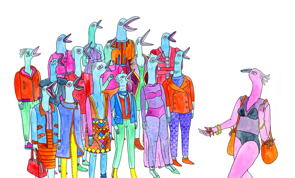 Brightly colored bird-human figures in a chorus grouping with beaks open as a bikini clad bird-human walks by.