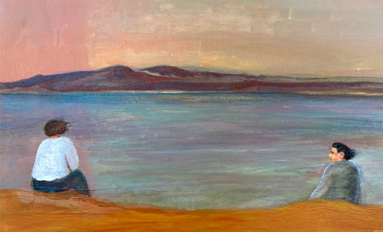 painting of two people siting apart on a beach. 