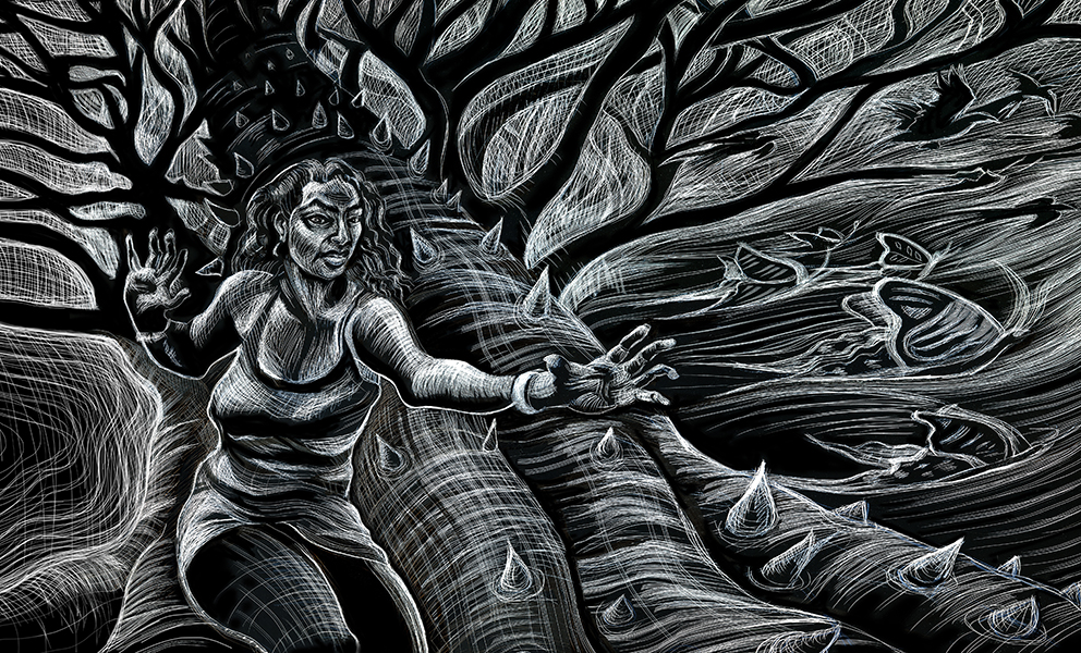 A black and while illustration of a woman standing in front of a tree, on the right, butterflies and birds fly against a blustery wind. 