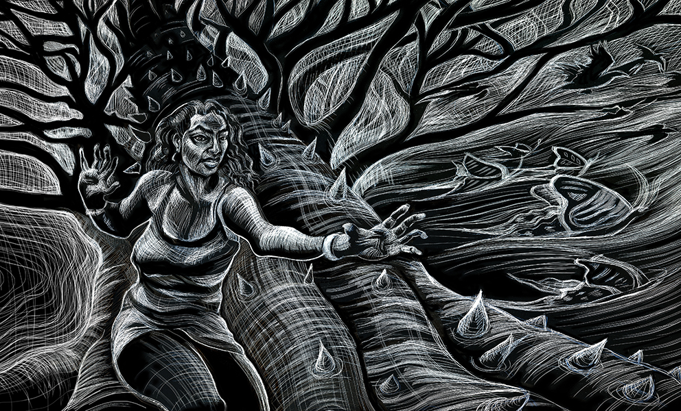 A black and while illustration of a woman standing in front of a tree, on the right, butterflies and birds fly against a blustery wind.