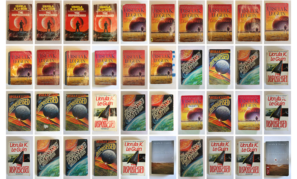 A grid of used The Dispossessed paperback book