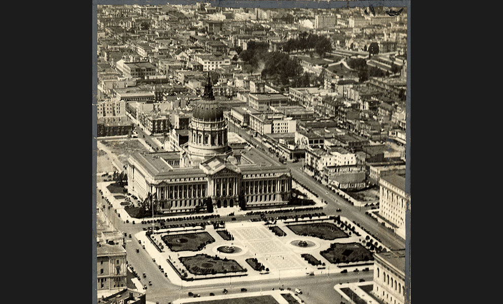 A black and white image of San Francisco's Civic Center in 1915 seen from above.