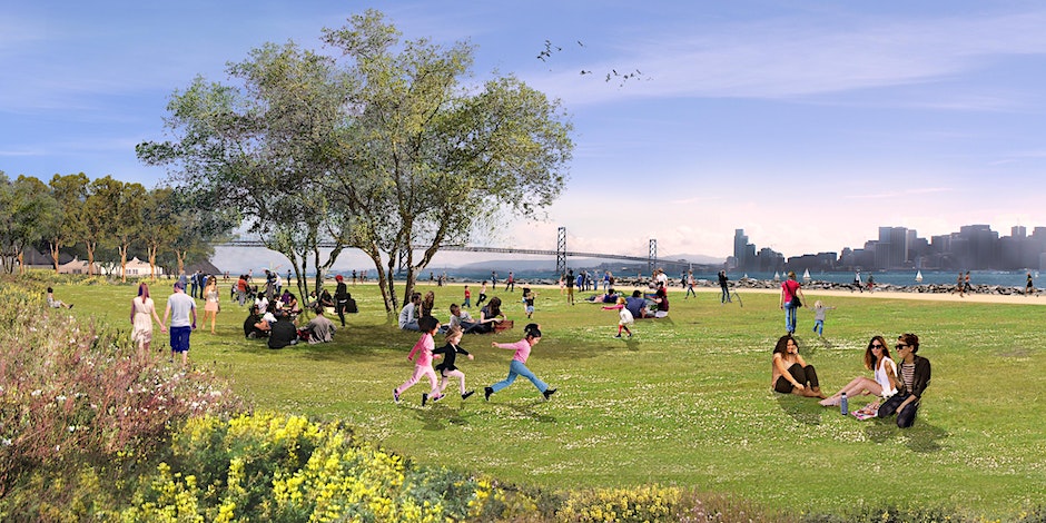 Rendering of Cityside Park of people sitting and running around a grassy field