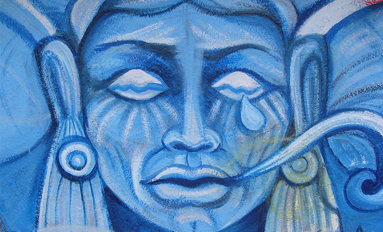image of a painted blue figure with water streaming from their eyes