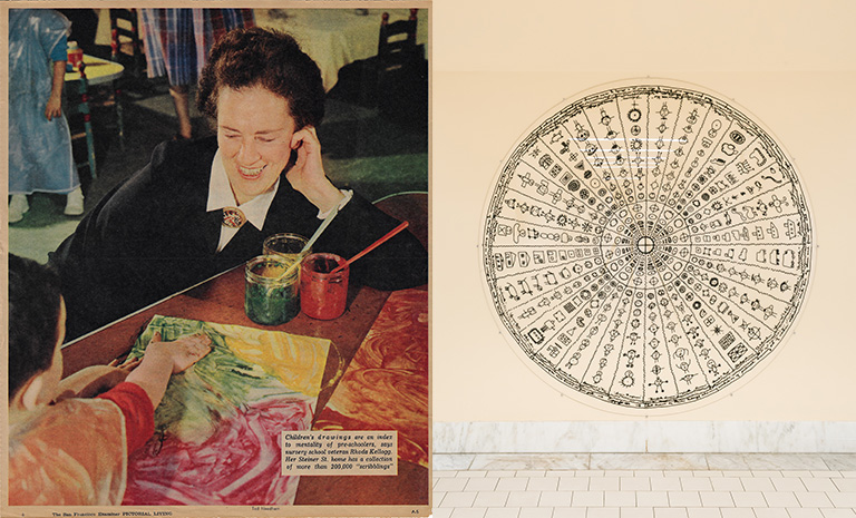 An image of Rhoda Kellogg observing a child painting and another image of a mandala Rhoda developed to identify the stages of child development through mark making. 