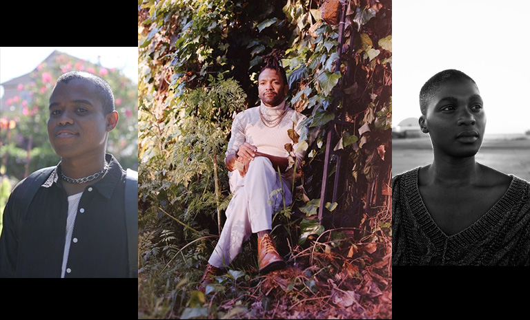 Headshots of three Black artists situated outside