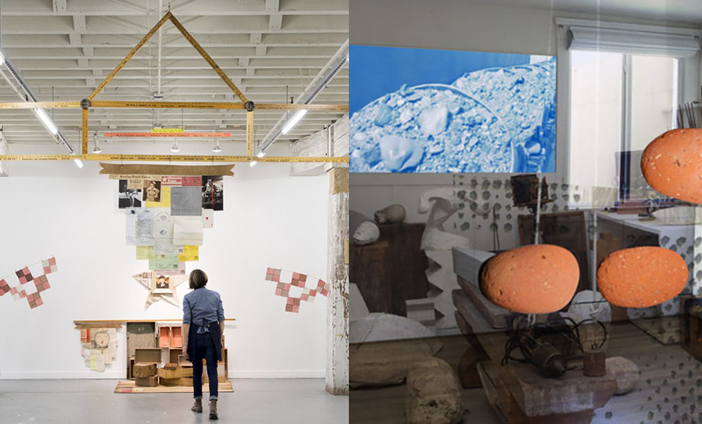 image on left of artist in her installation. image on right of artists studio. 