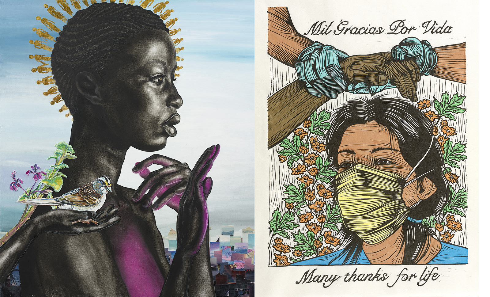 On the left: an image by Nicole Dixon of a Black woman with holding up her hands and a bird on her shoulder. On the right: an image by Juan R. Fuentes of a woman wearing a mask, under gloved hands holding another person's hands.