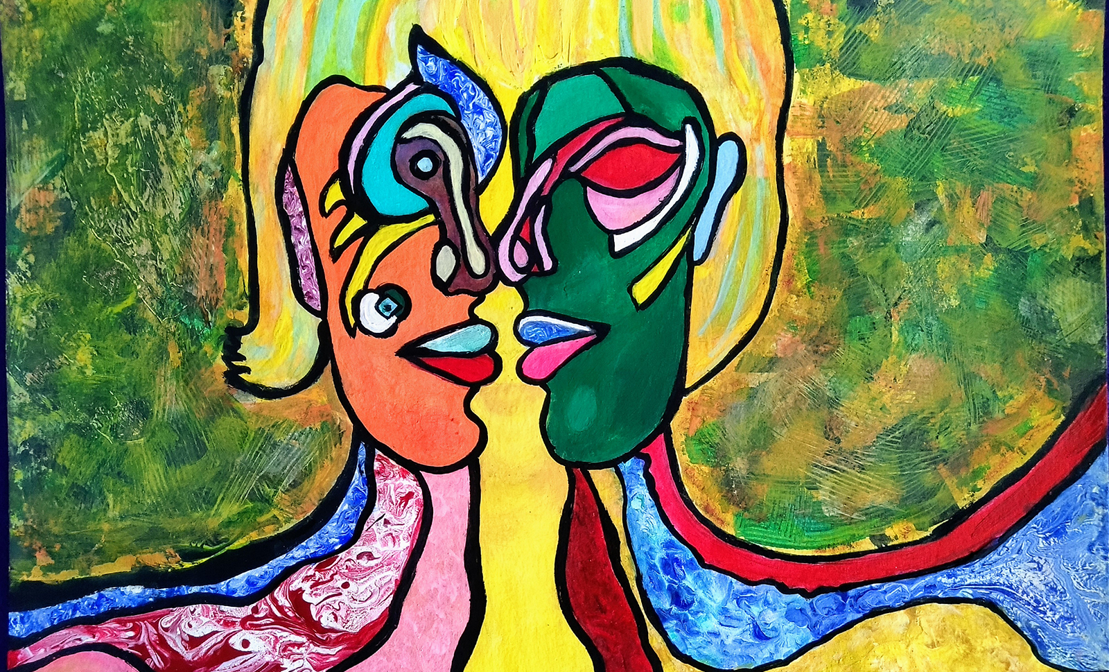 A colorful painting with two stylized figures facing each other in profile. 