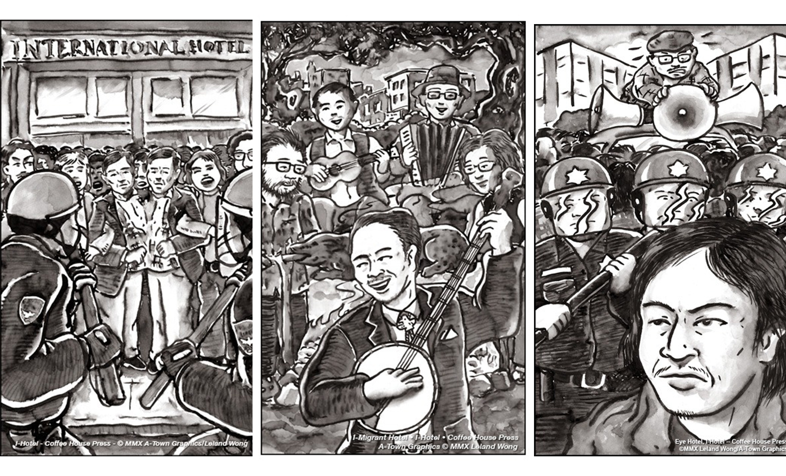 Three Chinese ink illustrations depicting the life and protests around the I Hotel