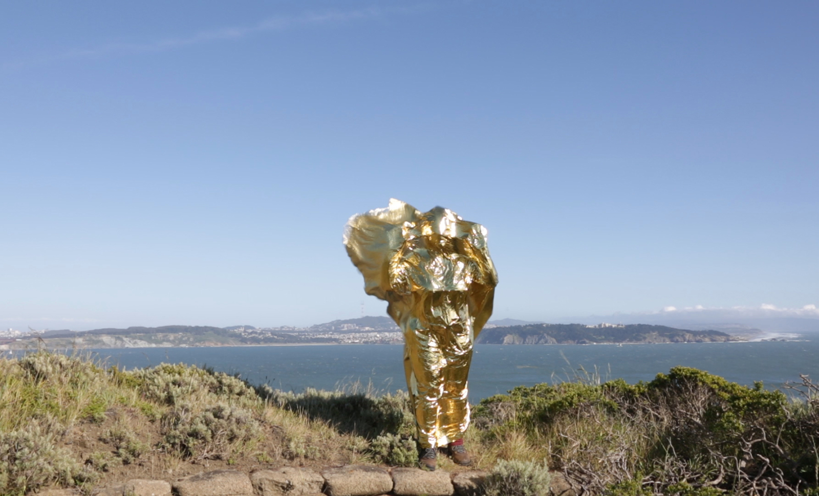 A figure holding up a gold emergency blanket, covering the whole body, stands on a hill overlooking the water