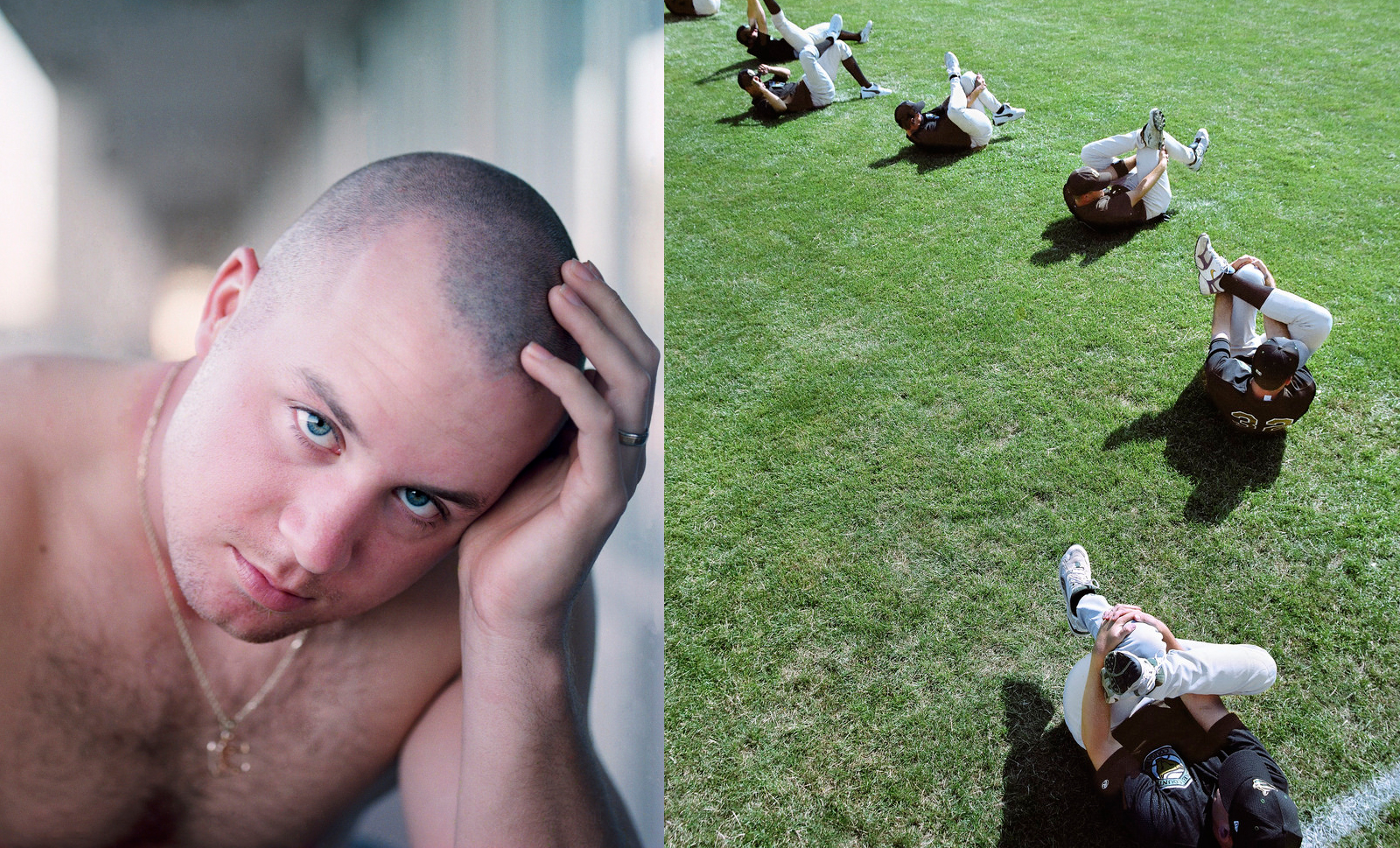 Close up portrait of professional baseball player John McCurdy and the Kane County Cougars stretching on the field 