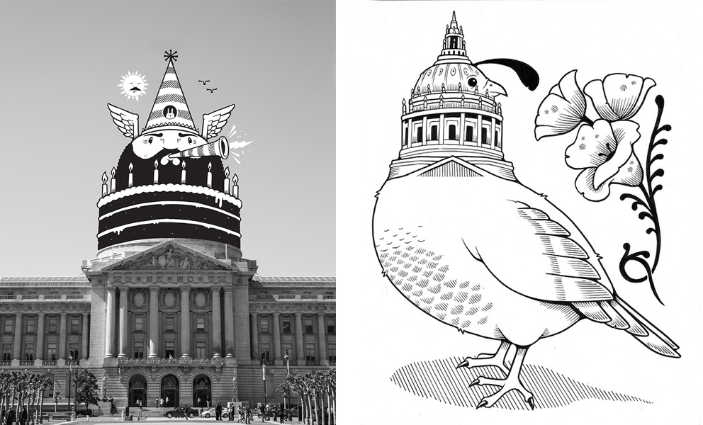 Left: Drawing of head on top of City Hall dome Right: City Hall dome is the head of a quail, the state bird