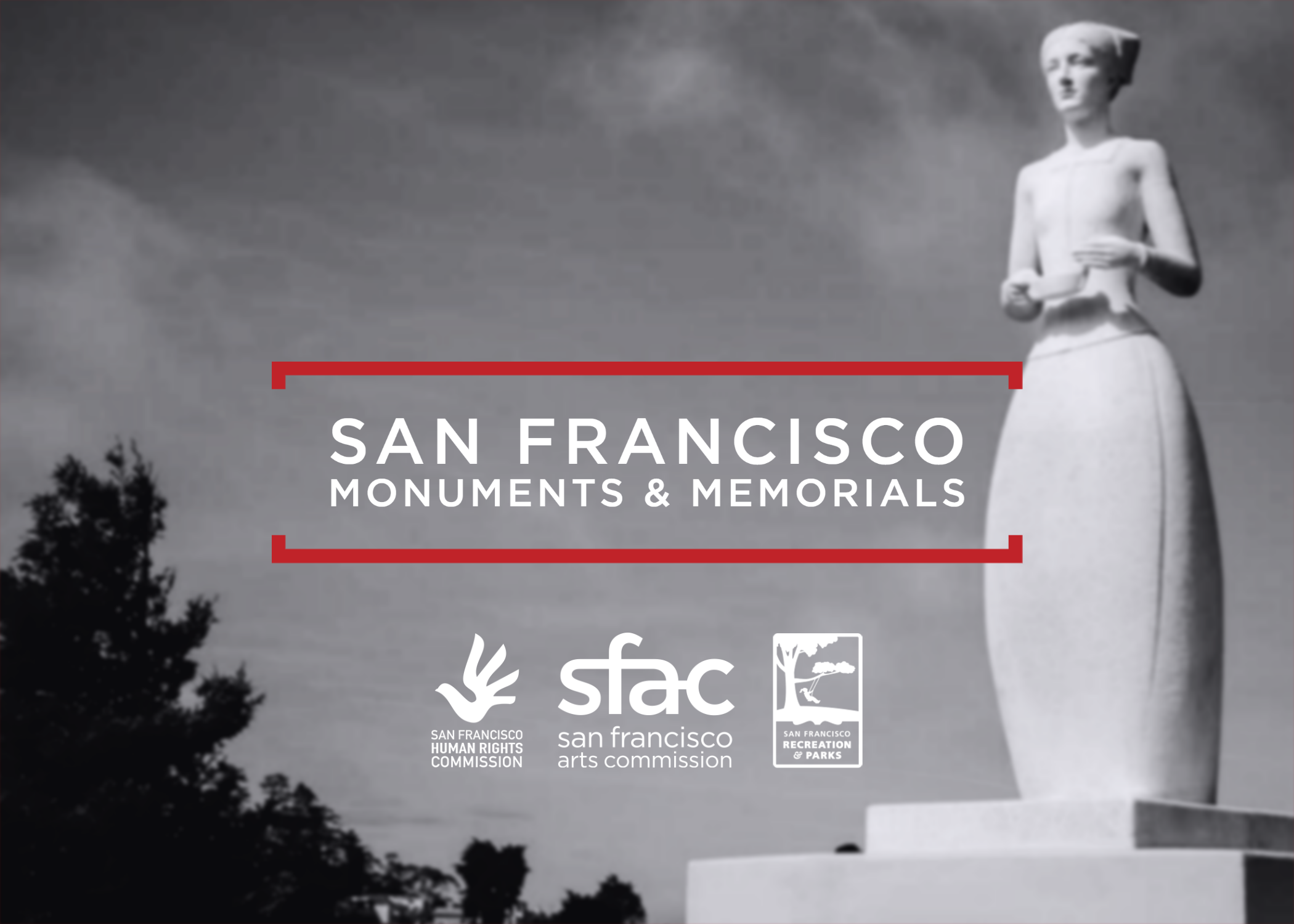 Black and white poster with text "San Francisco's Monuments and Memorials" and agency logos