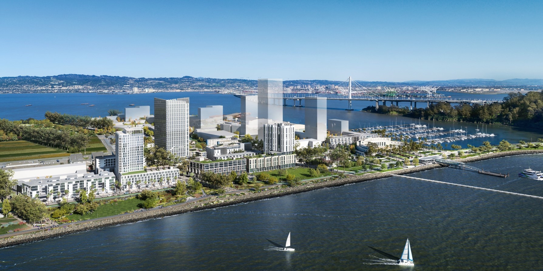 Aerial rendering view of Treasure Island with a view of the Bay Bridge