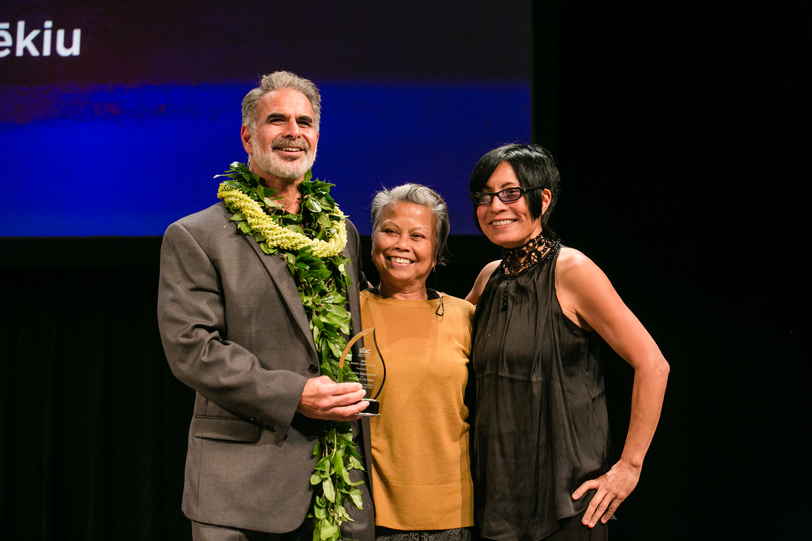 (L to R) ALG awardees Patrick Makuakāne and Alleluia Panis with former SFAC Commission President JD Beltran. Photo by Andria Lo.
