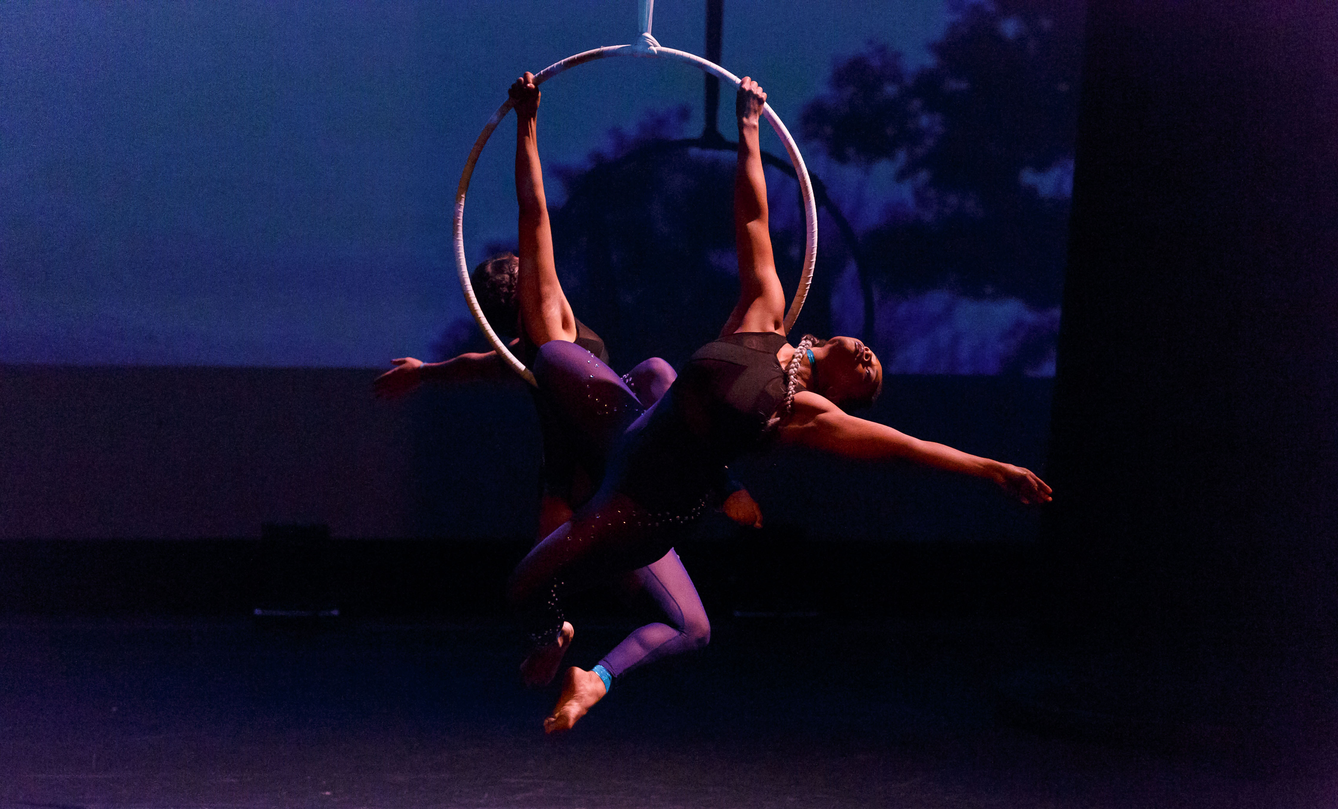 Two aerial dancers suspended in a loop. 