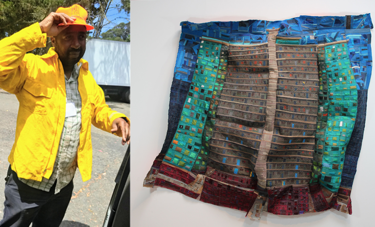 A portrait of artist Mansur Nurullah alongside an image of his textile work.