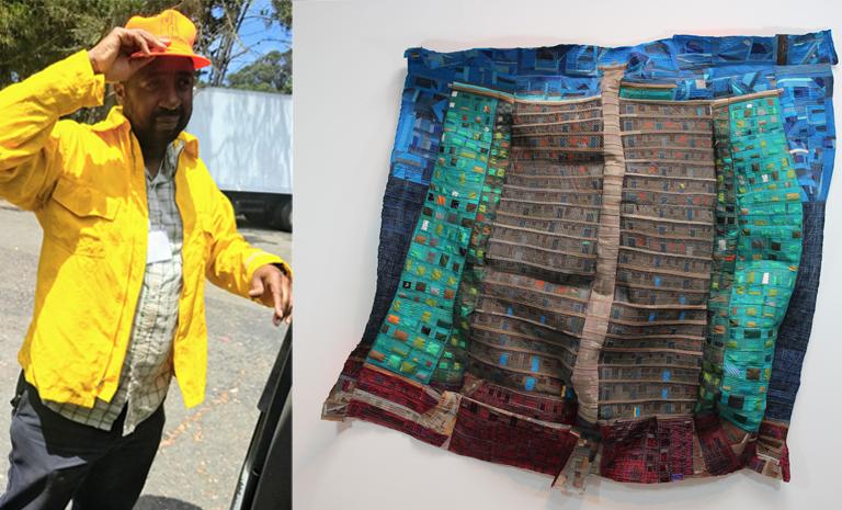 A portrait of artist Mansur Nurullah alongside an image of his textile work. 