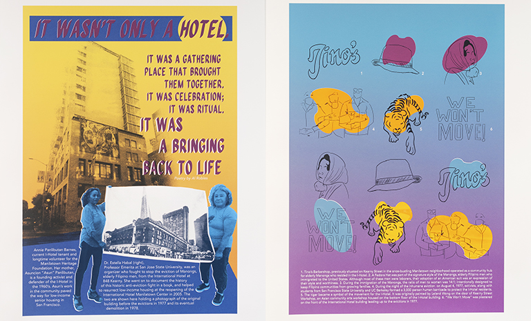 Side by side posters. The first has two women holding a large photo of the I-Hotel. The second has drawings of  images associated with the building and movement to save it.