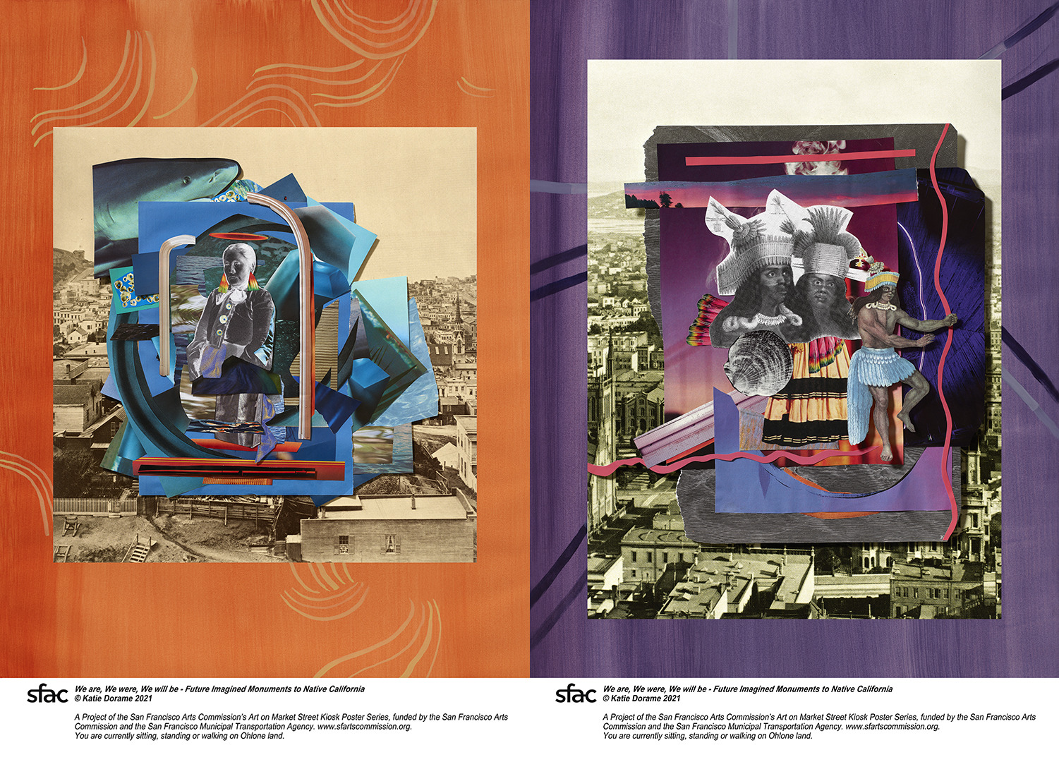 Side by side orange and purple poster with Native Californian imagery 