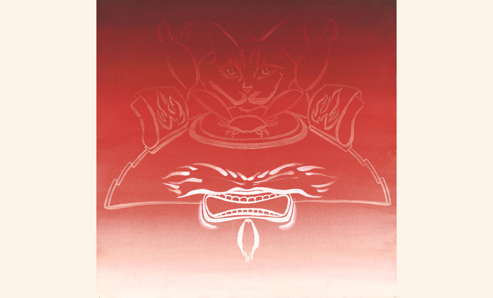 drawing of a cat and a crab on a red ombre background