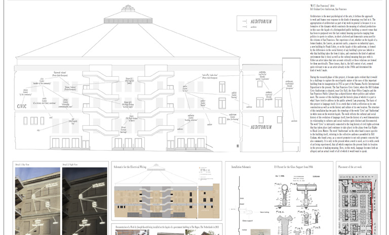 Proposal image showing a diagram of a neon art installation for the back of Bill Graham Civic Auditorium 