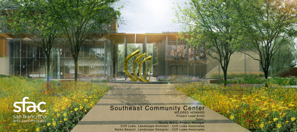An architectural rendering of the Southeast Community Center, seen from the outside looking down a path. In the pathway, as the walkway opens up to the entrance, is a rendering of Mildred Howard's commissioned sculptures.