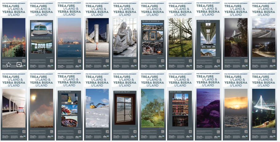 Posters of Five Photographers Documenting Treasure Island and Yerba Buena Island by Photographers Cody Andresen, David Alan Boyd, John Chiara, Janet Delaney, and Mido Lee. Collage of 20 poster images