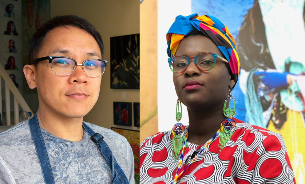 Portrait of Phillip Hua in his studio and Kenyatta A.C. Hinkle in front of her artwork