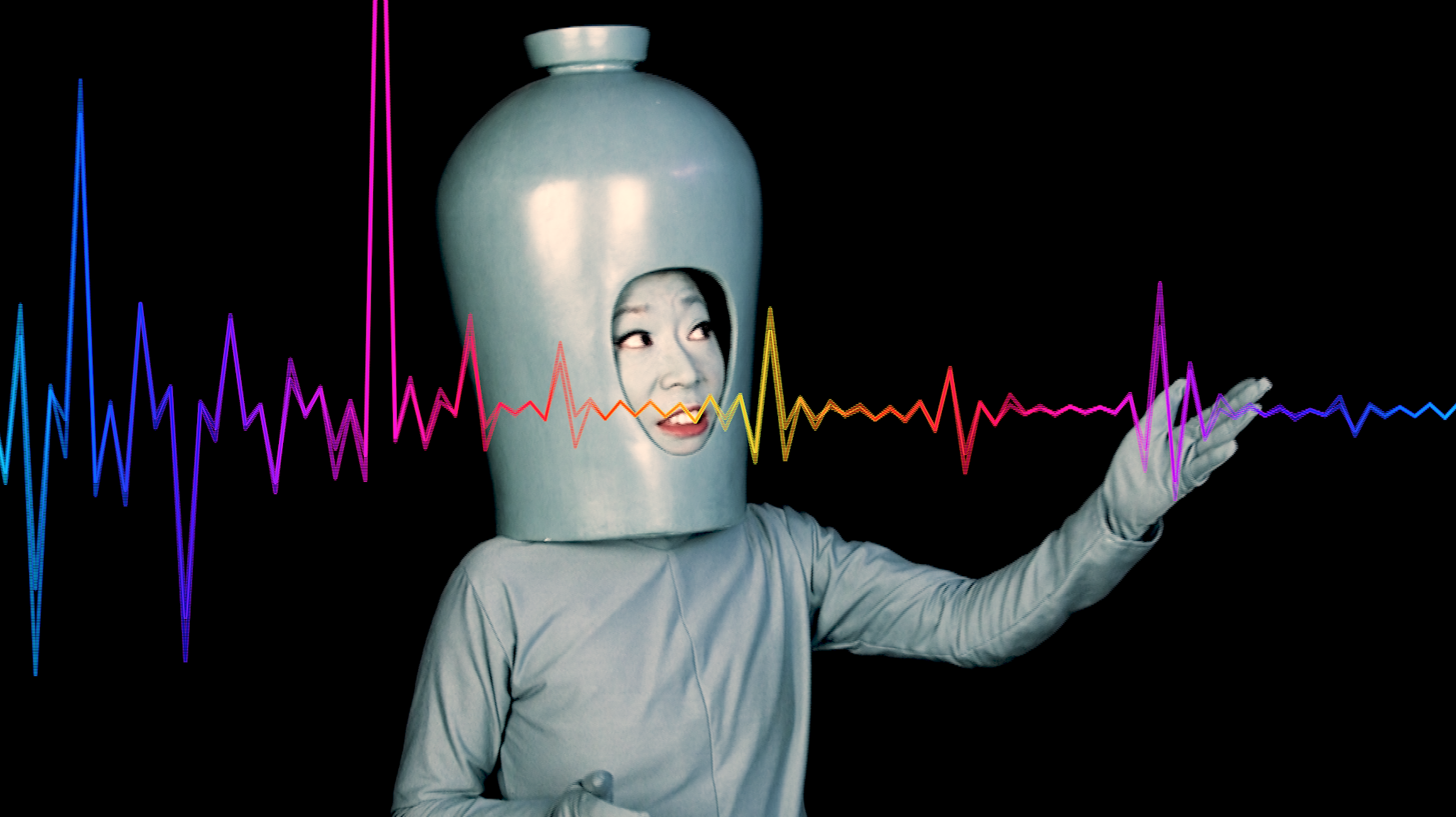Genevieve Quick, Mission Completed Silver space cadet raising their left hand with a colorful rainbow graph-like image across the entire photo