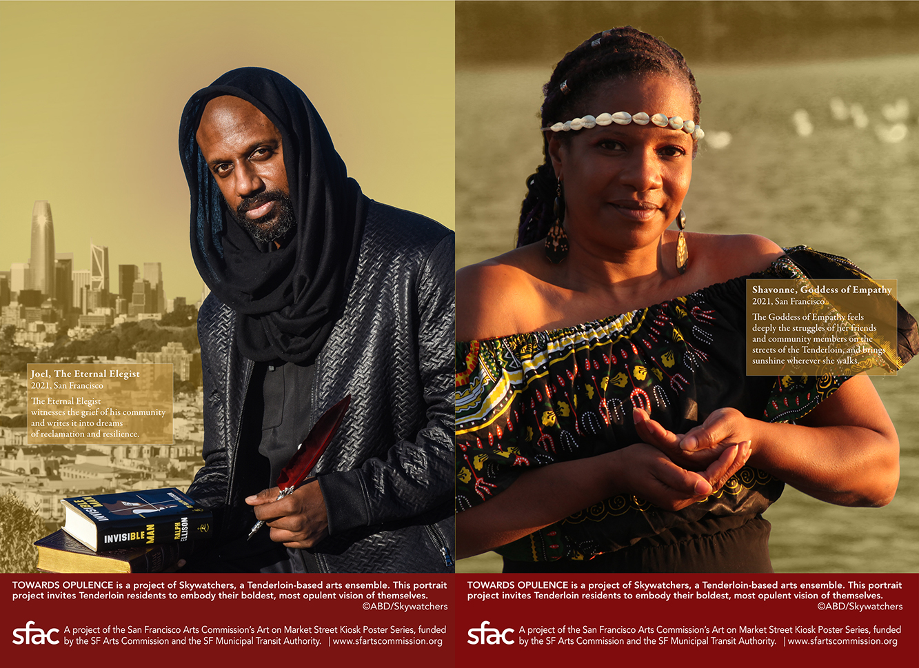 Skywatchers, The Opulence Project, 2021 Side by side posters from The Opulence Project. On the left is a black man, wearing all black, with a scarf over his head, looking forward and holding books and a quill. On the right is a black woman wearing a patterned off the shoulder top, looking forward with both her hands cupped holding something. She wears a cowrie headband.