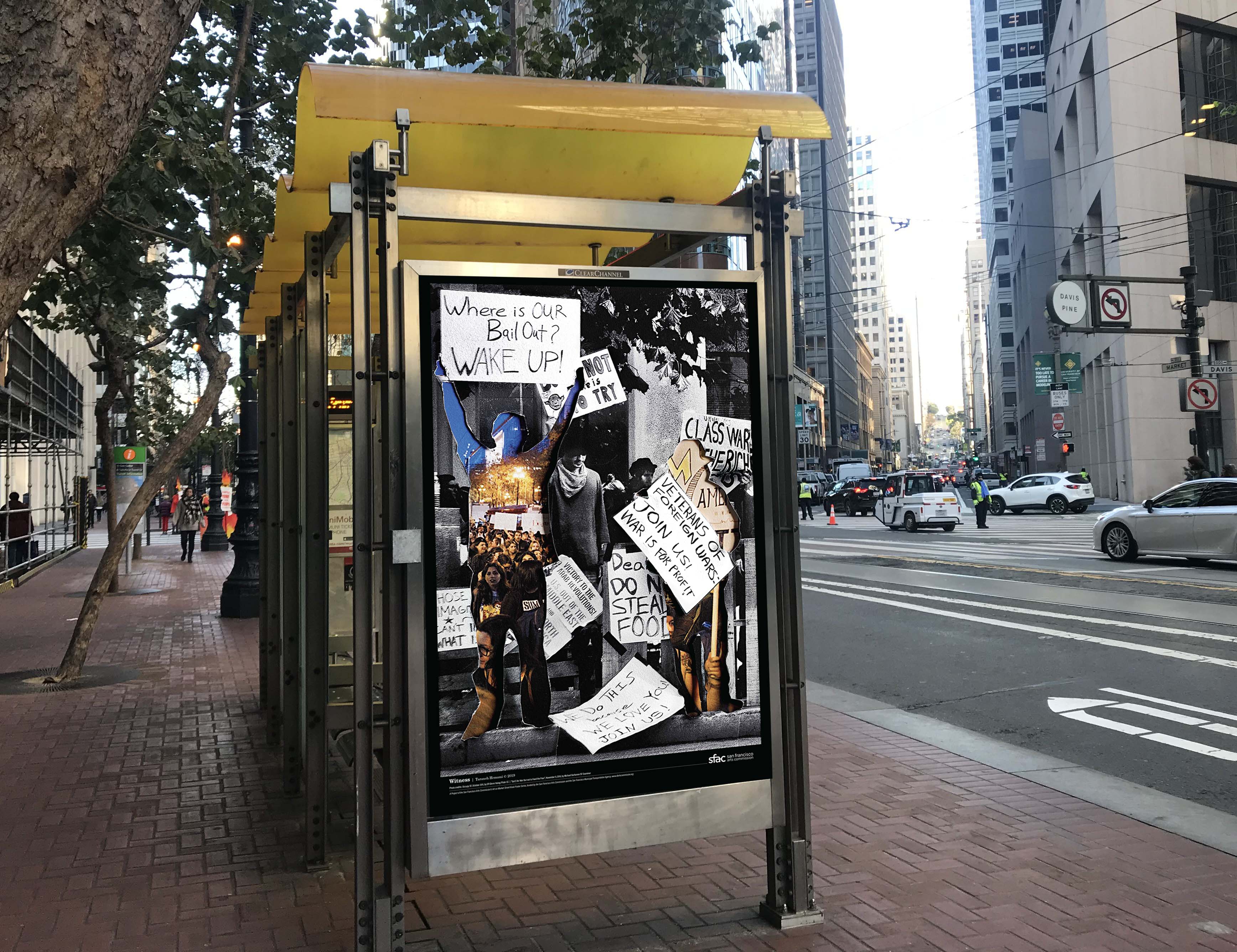 Bus stop with art poster design in kiosk.