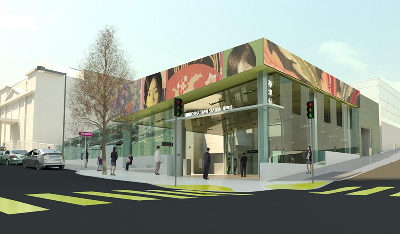 Imagery depicted is a placeholder for a design to be developed by the artist in the future. Location of artist Tomie Arai’s artwork for Chinatown Station