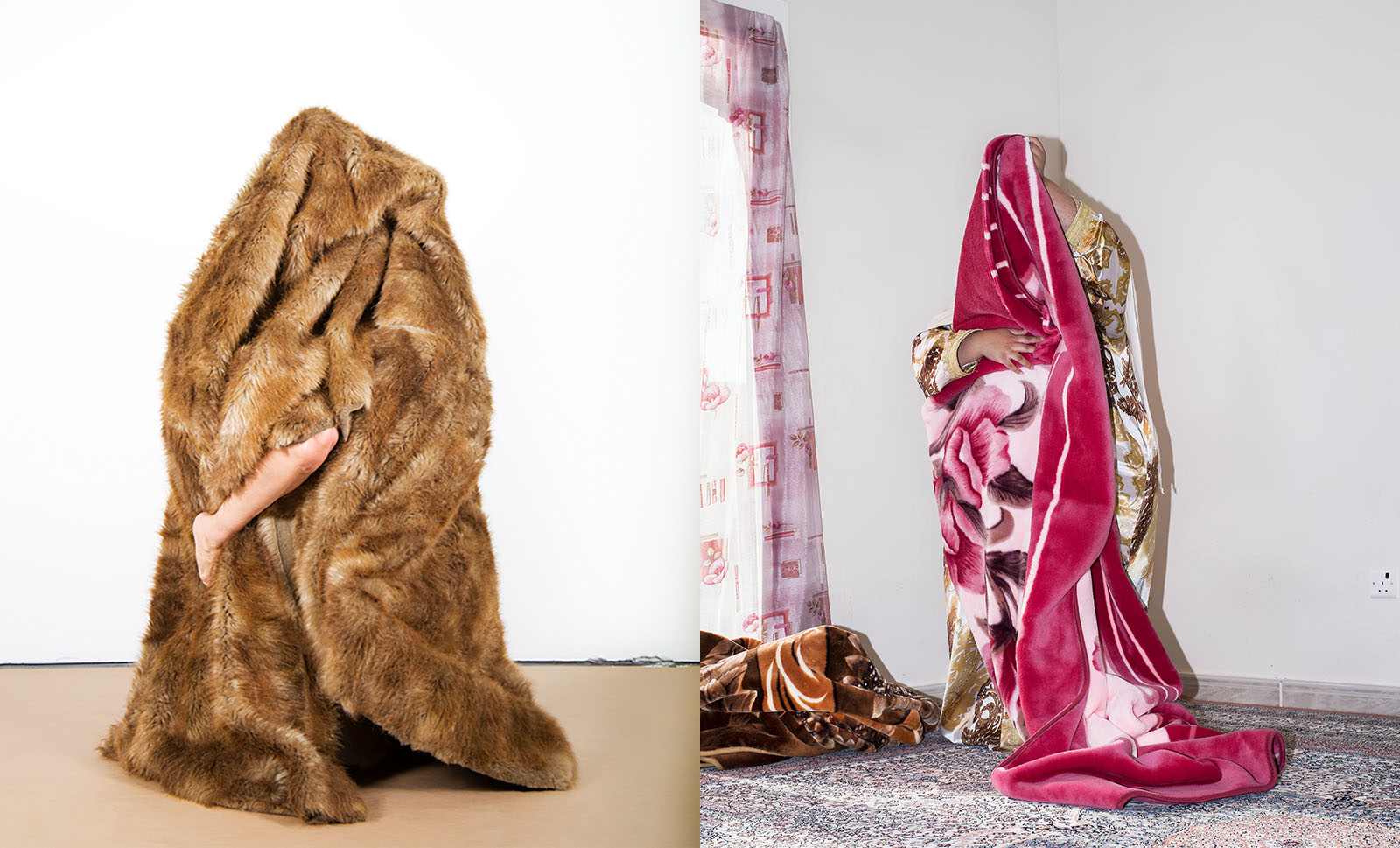 Left: Marcela Pardo Ariza, Julie II (detail), 2018. Right: Farah Al Qasimi, S Folding Blanket, 2016. 