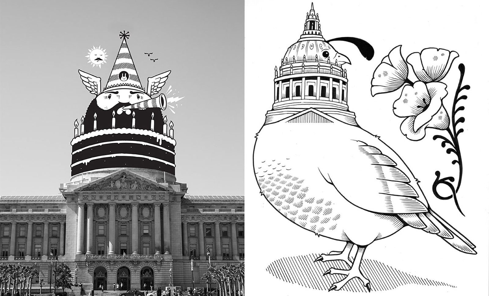 Jeremy Fish, Celebrate City Hall, 2015. Photograph by Rick Marr (left). State Bird and Flowers, 2015