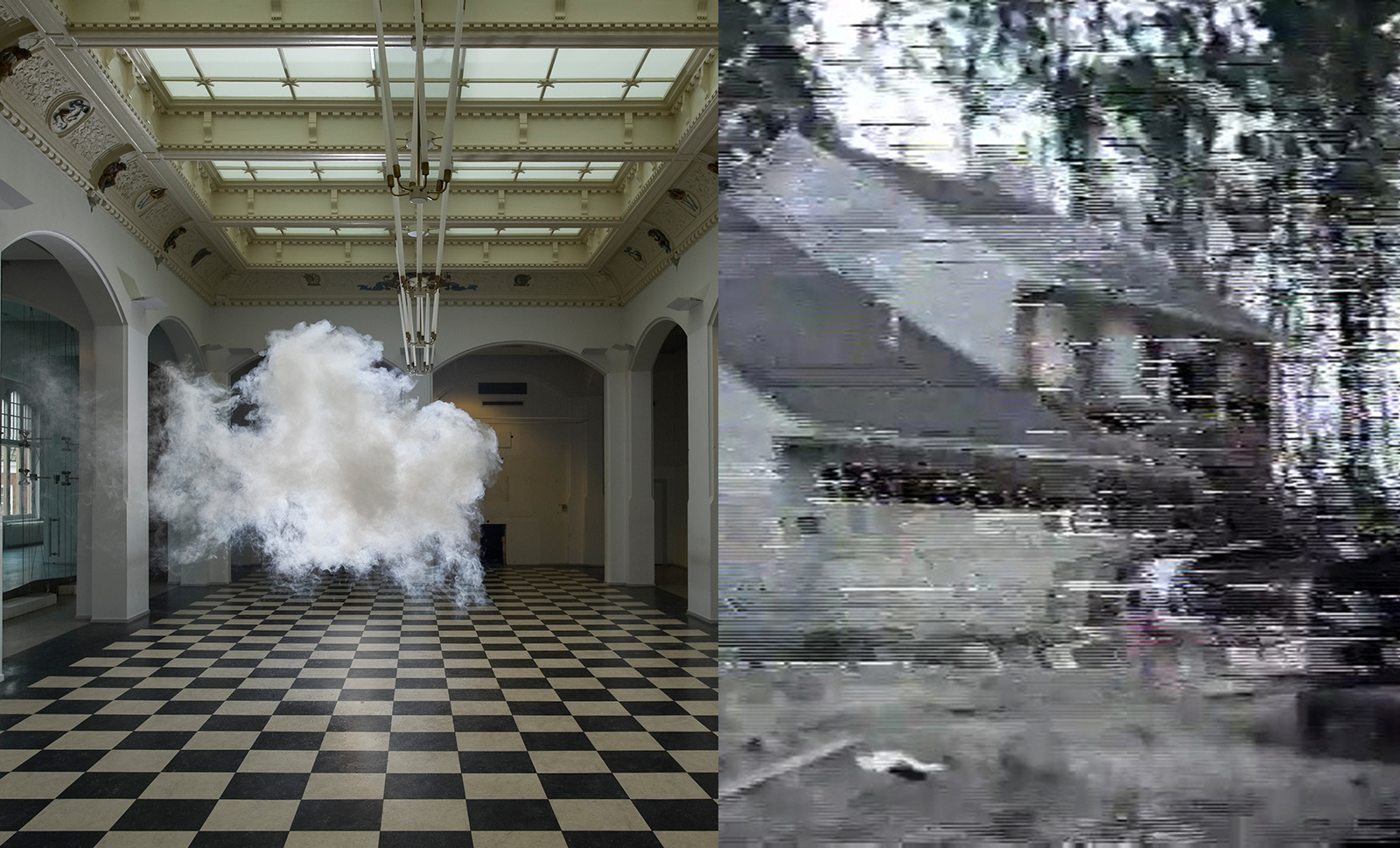 Left: Berndnaut Smilde, Until Askeaton has Street View, 2009 – 2012 (detail). Right: Jason Hanasik, We always thought the walls would protect us, but suddenly realized they were as weak as our frames, 2013 (still).
