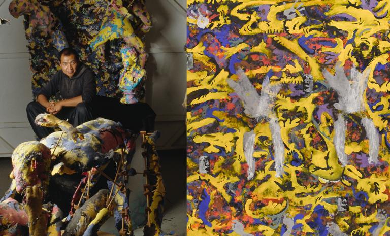 Two images: On the left, a color photograph of artist Carlos Villa in his studio, flanked by colorful plaster body casts. On the right, is a close up shot of a bright, predominately yellow abstract painting. 