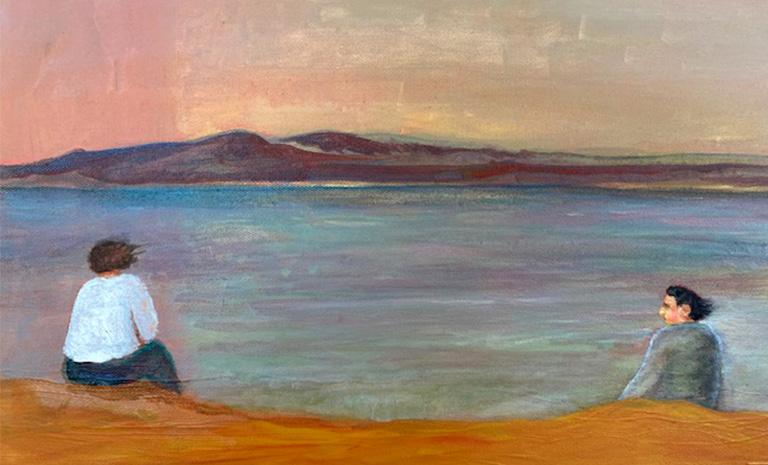 painting of two people siting apart on a beach. 