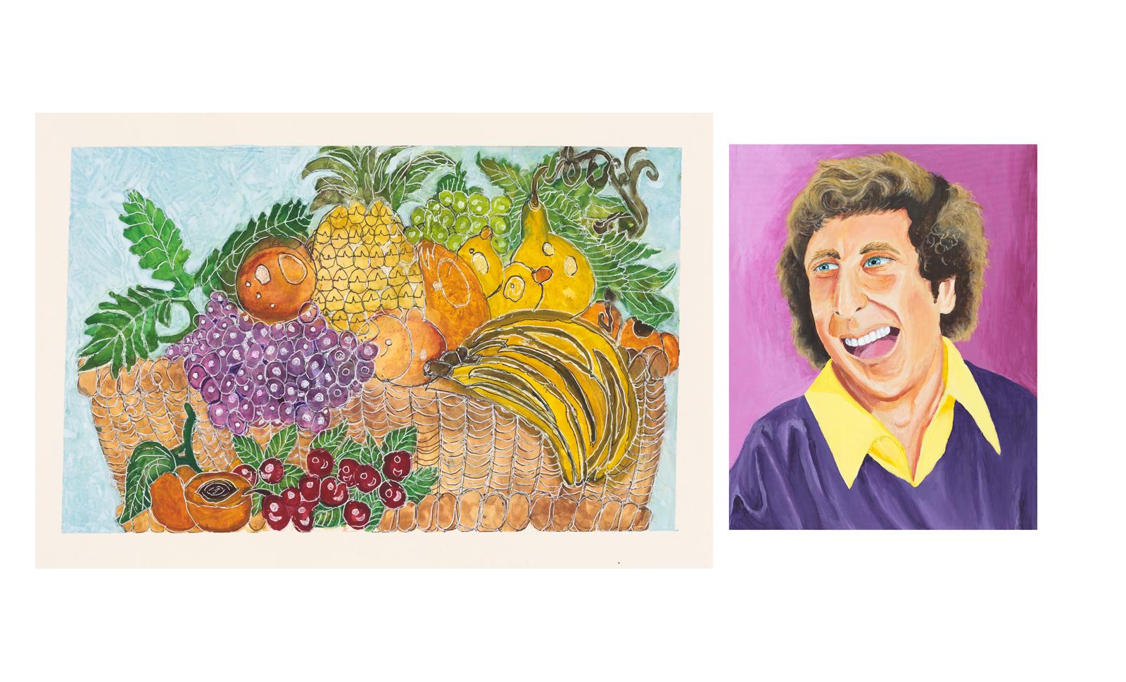 Left: Camille Holvoet, Untitled, 2016. Right: Yukari Sakura, Gene Wilder, 2017. A colorful drawing of fruit and a portrait of Gene Wilder with a violet backdrop