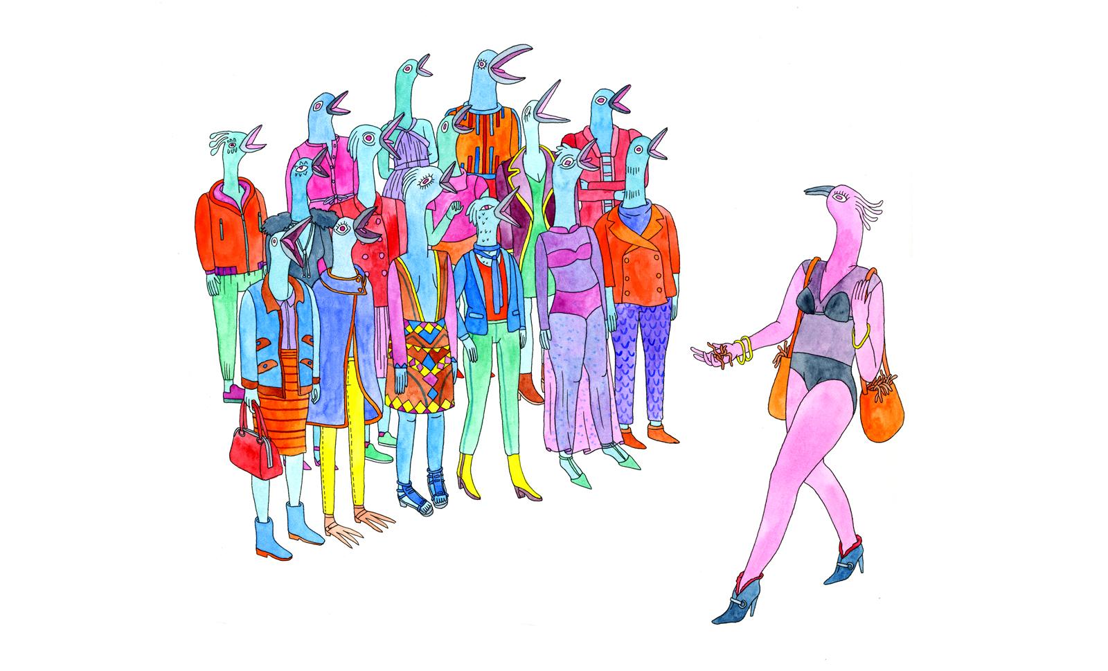 Brightly colored bird-human figures in a chorus grouping with beaks open as a bikini clad bird-human walks by.