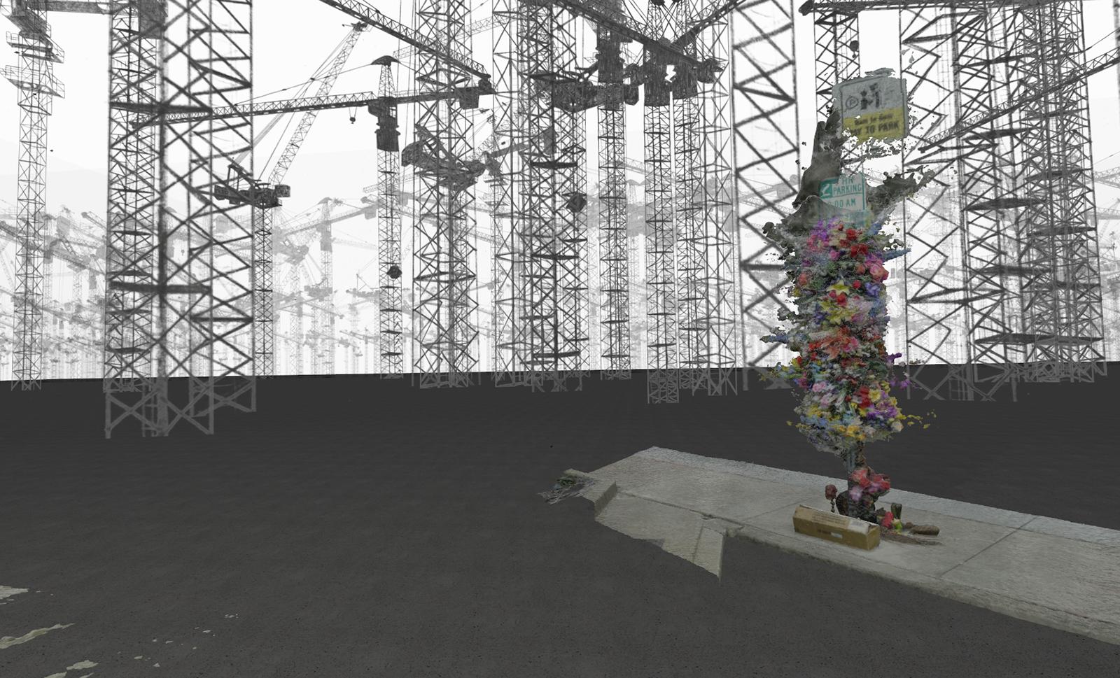A virtual reality world in a landscape surrounded by cranes, in the foreground is a street sign covered with flowers 